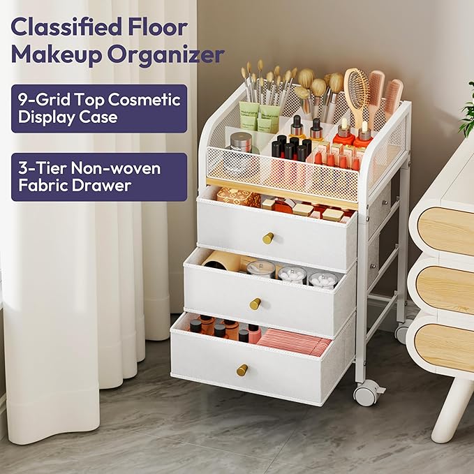 SWTYMIKI Rolling Makeup Organizer Cart - 14.96Ã¢ÂÂ³*11.81Ã¢ÂÂ³*23.03Ã¢ÂÂ³ Widened Under Desk Vanity Storage with 3 Non-woven Drawers, Cosmetic Display Cases for Skin Care Perfume Nail Polish Brush Hair Tool White