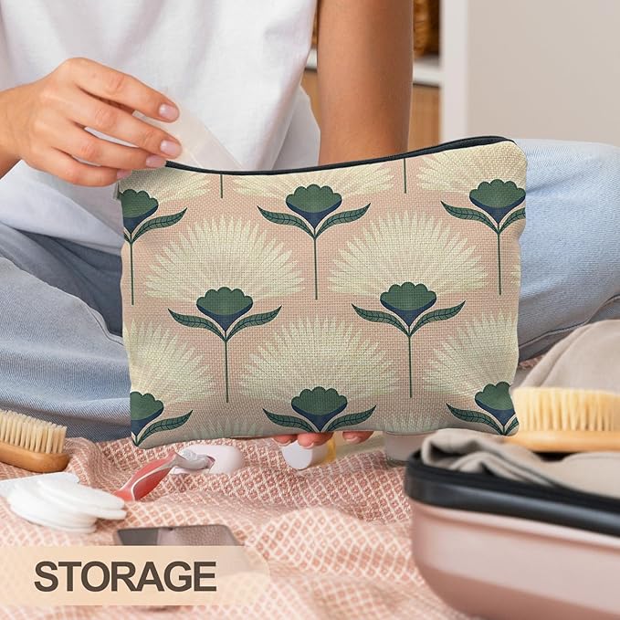 Vintage Boho Floral Pink Makeup Bag, Art Deco Floral Botanical Cosmetic Bags for Women, Boho Gifts for Women, Retro Mid Century Modern Art Zipper Makeup Pouch