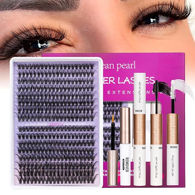 OCEAN PEARL 40D 50D Lash Clusters Lash Extension Kit 320 Pcs Thick Eyelashes Natural Lashes Clusters 10-16mm Eyelash Extensions Kit Individual Lashes with Bond and Seal Tweezers DIY Eyelash Extension
