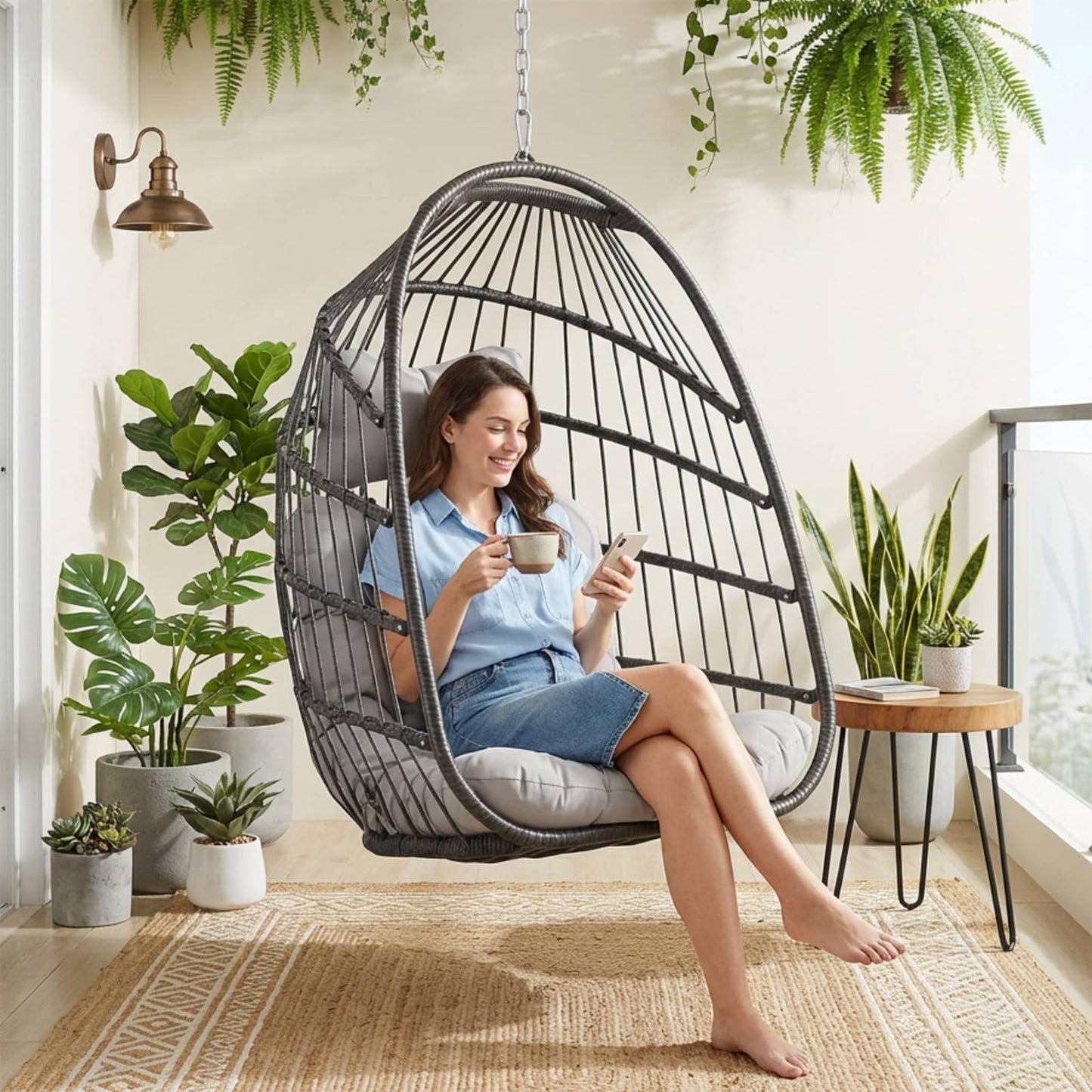 NICESOUL Comfy Egg Chair without Stand Indoor Outdoor, Patio Wicker Hanging Swing Egg Shell Chairs No Stand, 350lbs Capacity Sturdy Swing Hammock Basket Seating with Cushions for Bedroom Balcony, Gray
