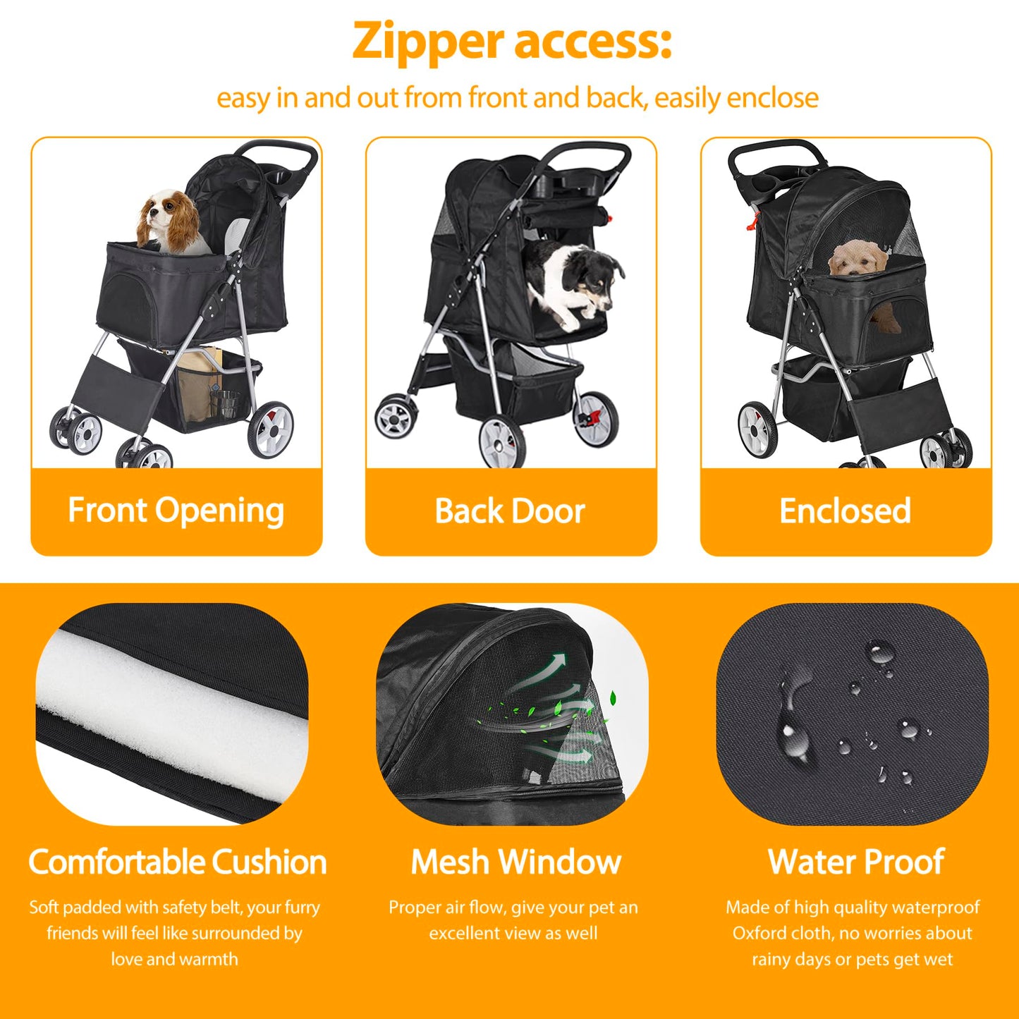 Epetlover Pet Stroller for Dogs, Black 4 Wheels Cat Strolling Cart Foldable Travel Carrier, Waterproof Puppy Jogger Stroller with Storage Basket & Cup Holder