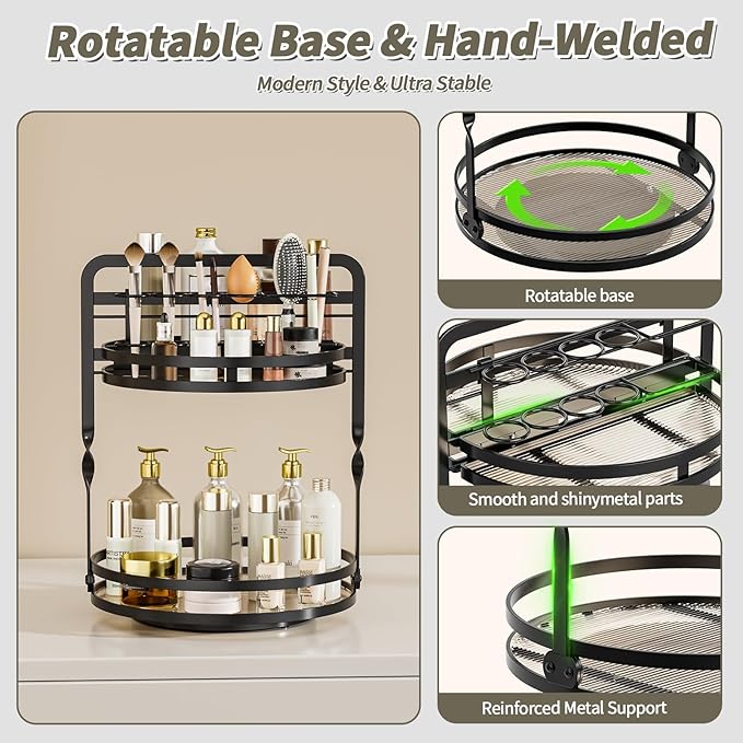 360ÃÂ° Rotating Makeup Organizer, 2-Tier Black Perfume Organizer for Dresser, Bathroom Organizers Countertop, Perfume Shelf with Makeup Brush Holder, Skincare Holder Cosmetic Display(Black)