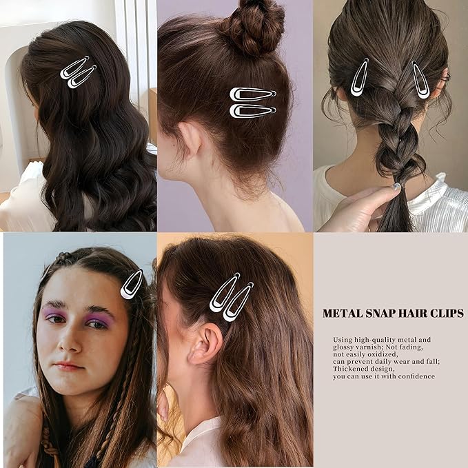 20 PCS Metal Snap Hair Clips Water Drop No Slip Barrettes for Women Bright Small Hair Clips For Thick And Thin Fine Hair,White Black,1.97 x 0.5 In.