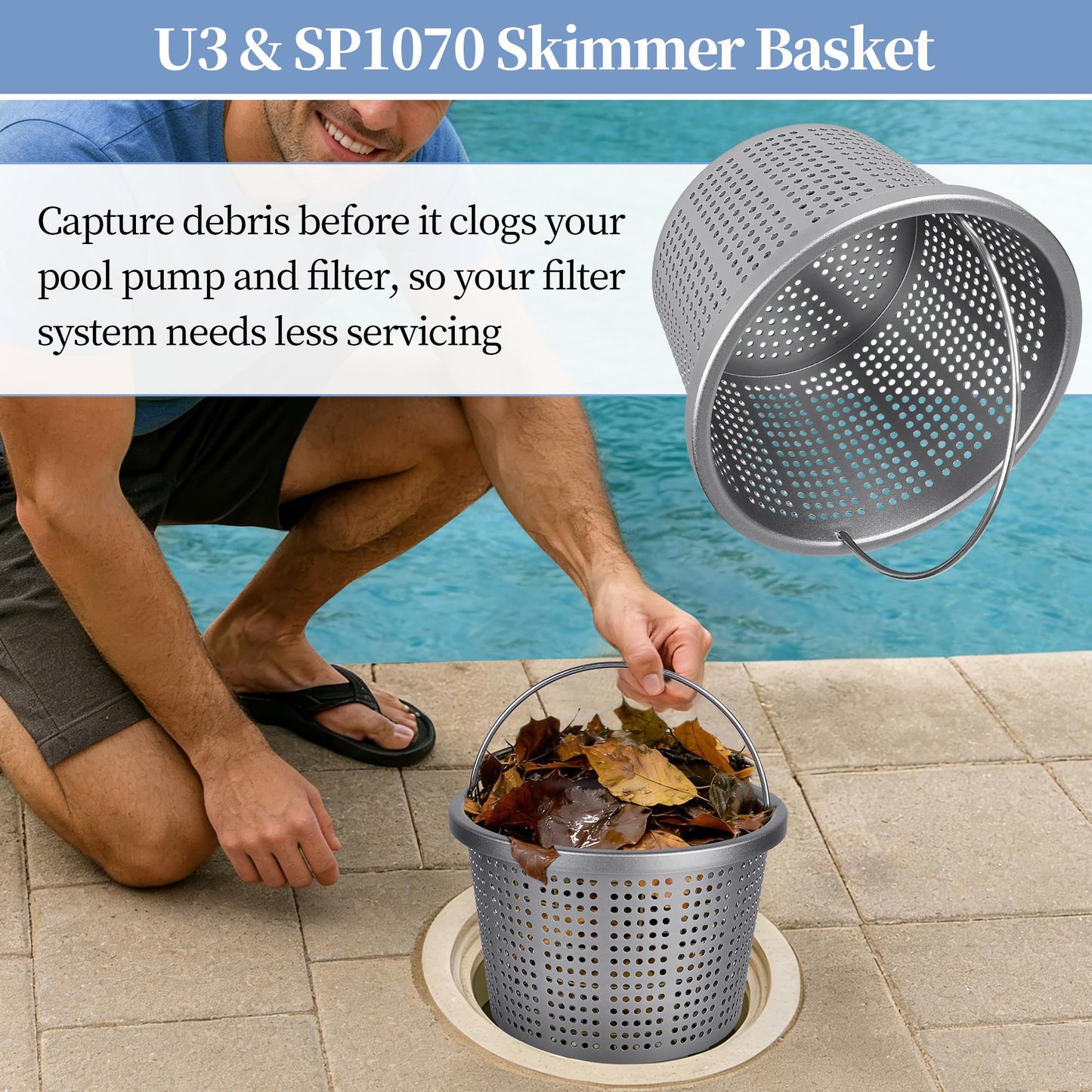 LVACODV Aluminum Pool Skimmer Basket Replacement for Pentair U-3 & Hayward SP1070/SPX1070E, 8-1/8" Top OD x 6.5" Bottom Dia x 5.5" H, 316 Stainless Steel Handle