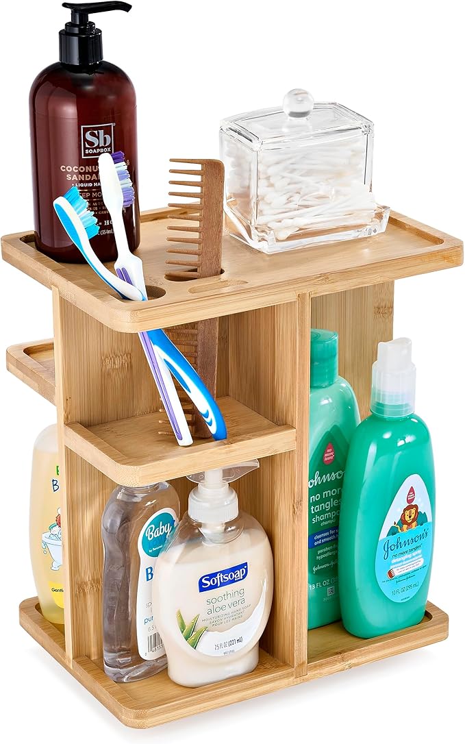 Sorbus 360ÃÂ° Makeup Organizer - Bamboo Wood Make Up Storage Carousel for Cosmetics, Skin Care Rotating Makeup Organizer for Vanity, Bathroom Storage