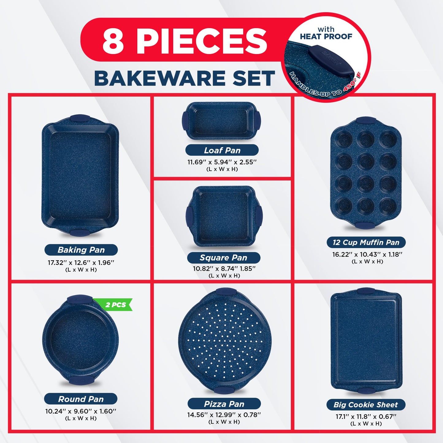 BAKKEN Kitchen Baking Pan Set - Nonstick Coating, Carbon Steel Bakeware Sets with Blue Silicone Handles, Baking Kitchen Essentials, PFOA, PFOS, PTFE Free, Oven Safe Tray (Up To 450° F), Set of 8