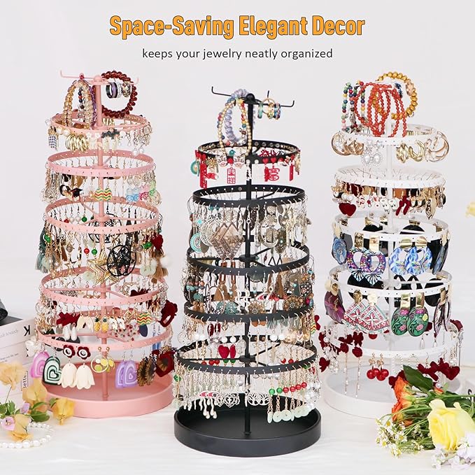 6 Tier Rotating Jewelry Organizer Stand, 230 Holes Earring Holder Organizer for Women Girls, Spinning Earring Tree with Ring Holder, Wide Base for Bracelets Watches Lipstick