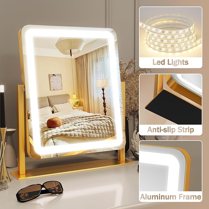 ROLOVE Gold Vanity Mirror with Lights, 15"x13" Lighted Makeup Mirror with Smart Touch, 3-Color Dimmable Lighting, 360° Rotation, Tabletop Mirror for Desk or Bedroom