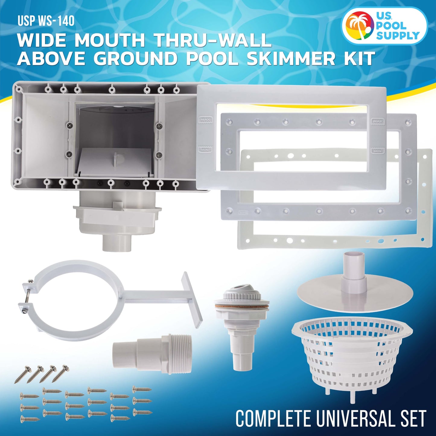U.S. Pool Supply Wide Mouth Thru-Wall Above Ground Pool Skimmer Kit - ABS Construction, Complete Universal Set, Return Fitting, Vacuum Plate, Leaf Basket - Replacement Compatible with SP1091WM Skimmer