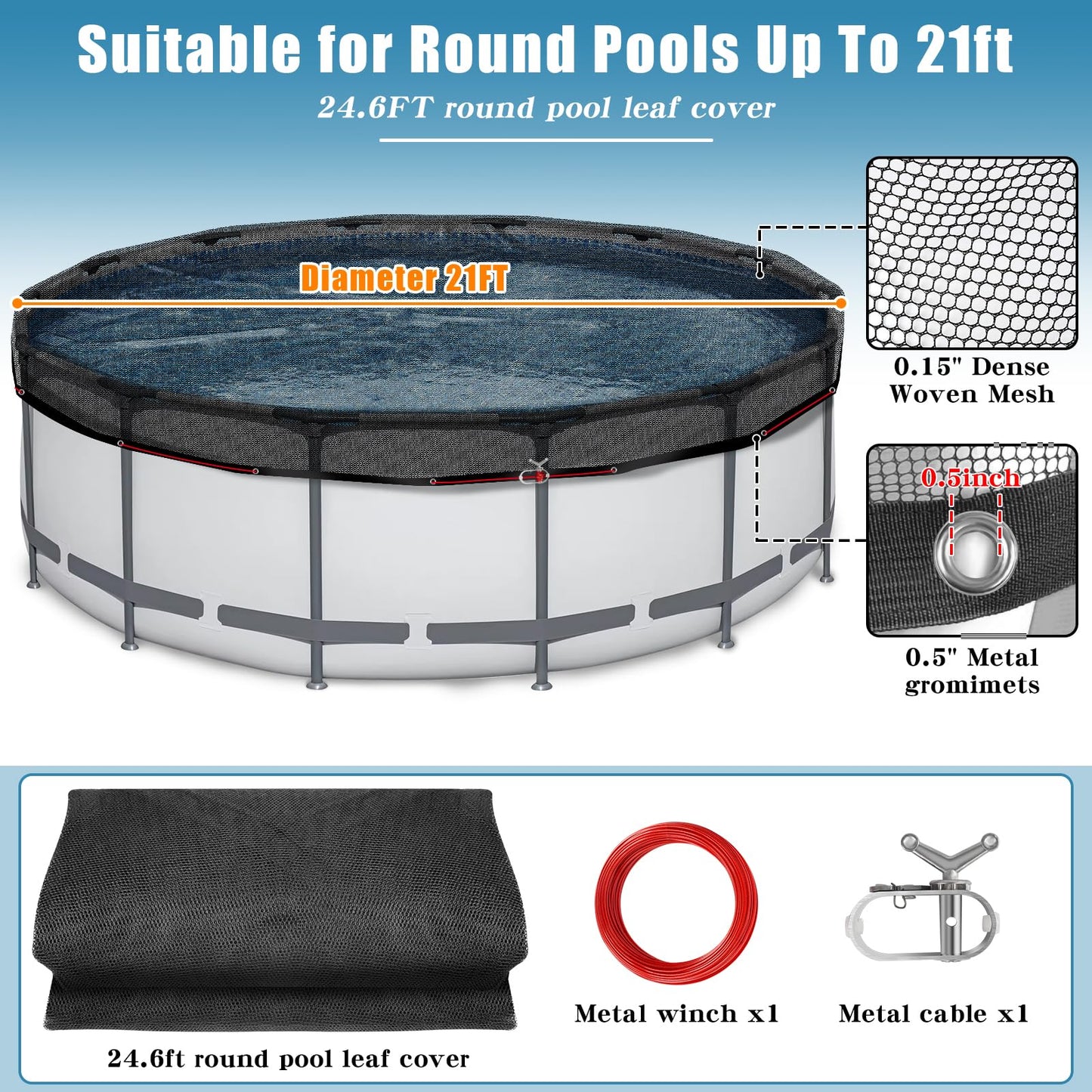 21 FT Pool Leaf Net Cover for Above Ground Pools, Ultra-Fine 0.15’’ Mesh Pool Cover with Winch & Cable, Pool Leaf Cover Prevents Leaves and Debris from Entering Pool