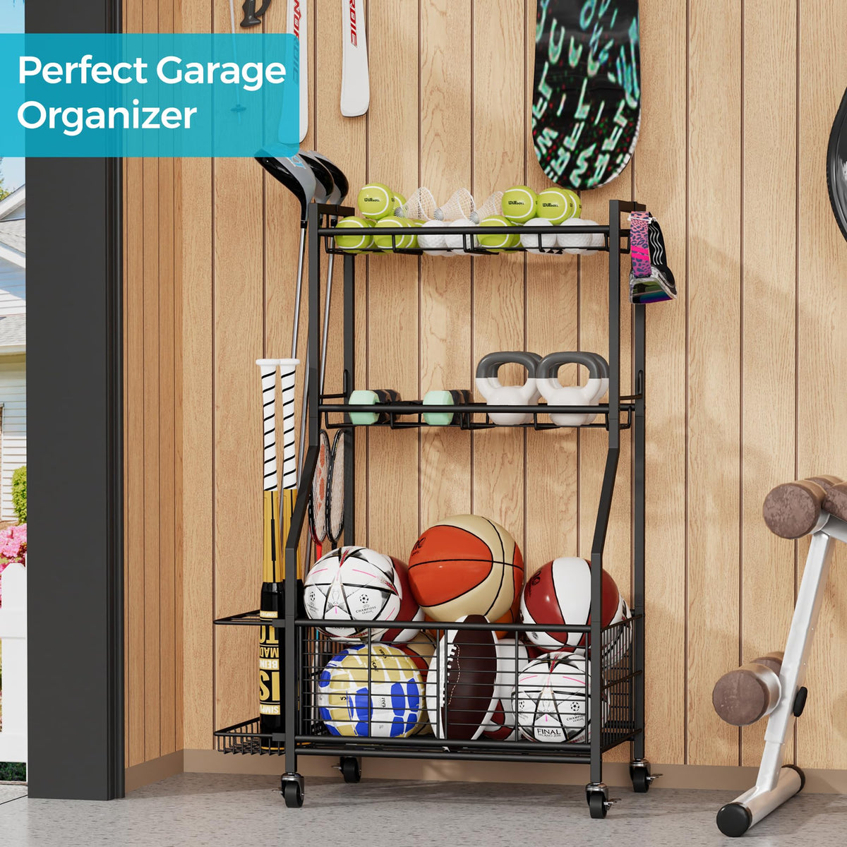 Cerlyunzan Sports Equipment & Toy Storage Rack with Wheels, 3-Tier Ball Organizer for Balls, Rackets & Sports Gear, Large Capacity with Racket Slots & Hooks, for Garage, Home Gym or Backyard – 23" W