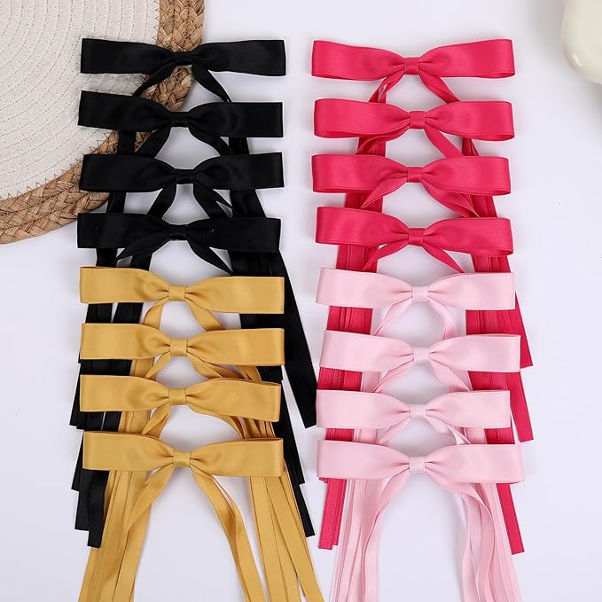 Hair Bows Clips Coquette Ribbon Bowknot with Long Tail Princess Hair Bows French Barrettes Hair Accessories for Women Girls 16PCS (Rose red, Pink, Yellow, Black)