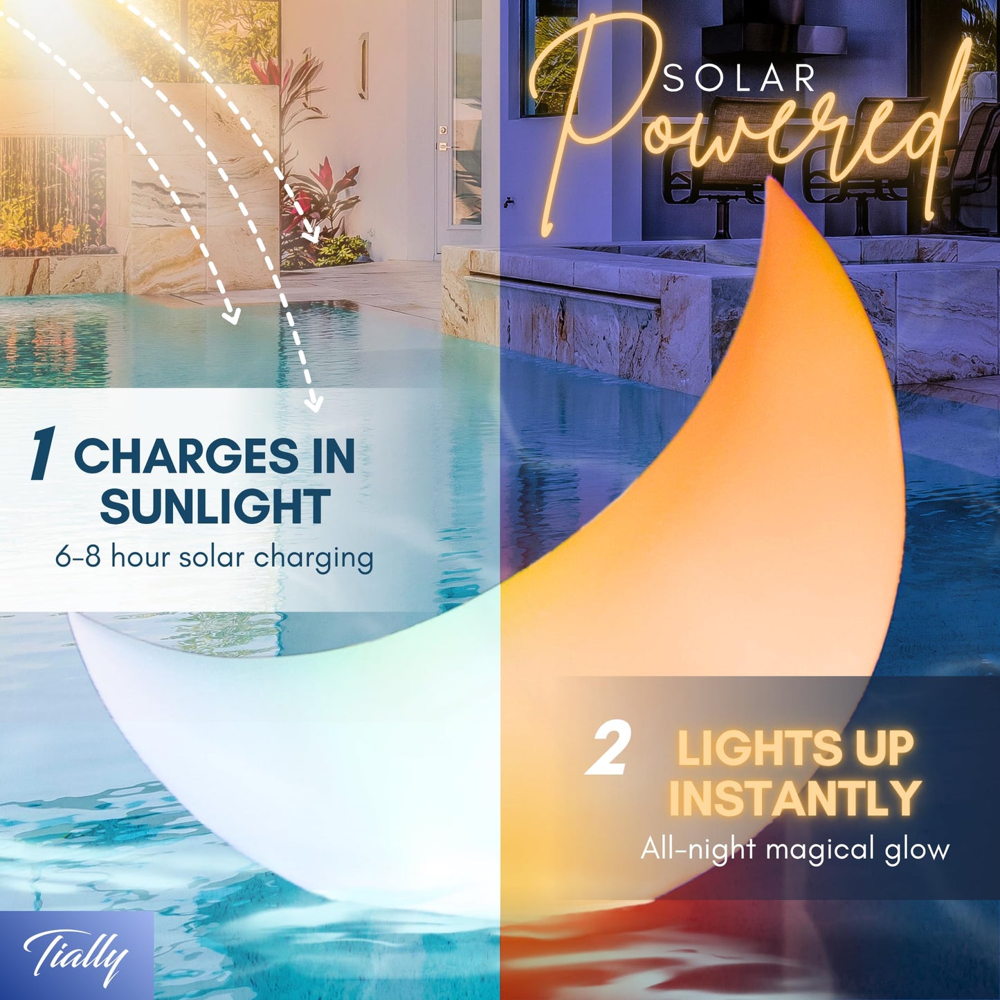 TIALLY Floating Pool Lights Solar Powered - 24" Crescent Moon Floating Pool Decorations, Floating Solar Pool Lights for Swimming Pool, Weddings, Pool Party Decor (2 Pack)