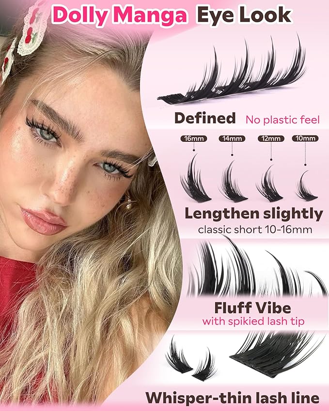 Goddvenus Fluffy Manga Lash Clusters Kit, Natural Wispy Cluster Eyelash Extensions, DIY Lash Extension at Home For Dolly Anime Look, Fairy Individual Lashes Kit with Waterproof Bond and Seal