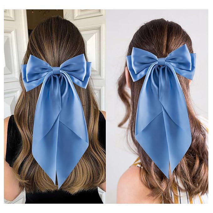 6Pcs Large Bows Hair Clips for Women Girls Long Tail Hair Ribbon Silky Satin Barrettes Coquette Hair Bows Accessories (Light Blue)