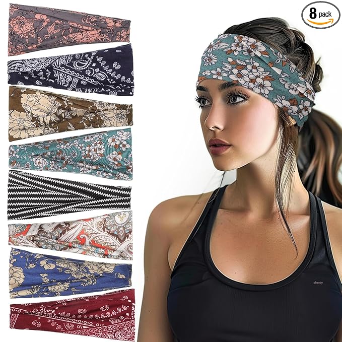 obeoby Boho Style Headbands for Women, 8 Pack Non Slip Headbands Fashion Hippie Clothes for Mom Grandmother Gift Wide Hairband Hair Wrap