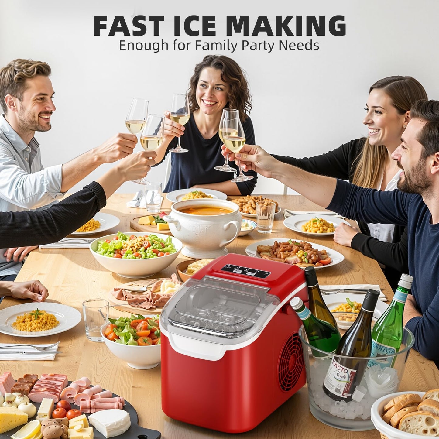 Antarctic Star Ice Maker Countertop, 8 Bullet Ice Cubes in 6 Mins, 26.5 lbs/Day, Self-Cleaning, 2 Sizes, Ultra-Quiet for Home/Kitchen/Camping/RV RED