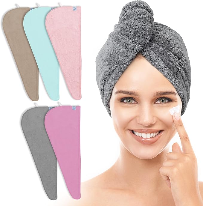 TENSTARS 5 Pack Thicken Microfiber Hair Towel Wrap for Women - Elastic Loop Design - 320GSM Coral Velvet - Quick Dry Hair Turban - 11x28 Inch (Grey+Pink+Brown+FrozenBlue+FrozenBerry)