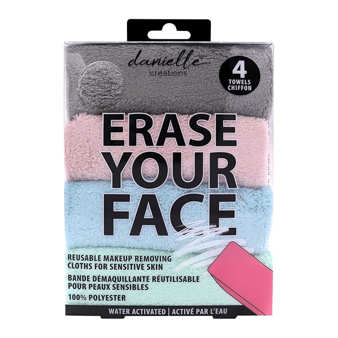 ERASE YOUR FACE Reusable Makeup Remover Cloths - Microfiber Face Towels to Cleanse & Remove Makeup - Water Activated for Sensitive Skin - Multi-Pastel (4 Count)