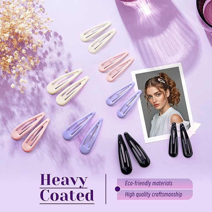 Metal Snap Hair Clips, No Slip Hair Clips for Thick/Thin Hair, 16pcs Medium Barrettes for Women Kids Hairstyle Makeup Accessories (8pcs 2.36inch & 8pcs 2.7inch) (Purple Pink)