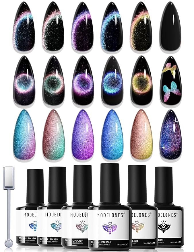 modelones Cat Eye Gel Nail Polish Set, 6 Colors Holographic Colorful Rainbow Glitter 9D Cateye Magnetic Gel Polish Black Purple Blue Green Yellow Coral Pink Nail Polish W Magnet Soak Off LED DIY Gift