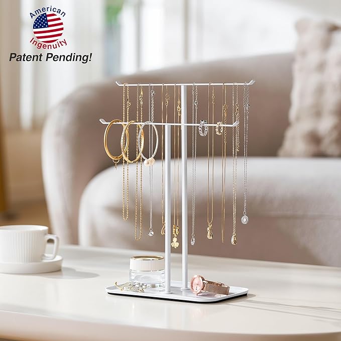 pickpiff Necklace Holder Jewelry Organizer Stand Ã¢ÂÂ 2Ã¢ÂÂTier TÃ¢ÂÂBar Jewelry Display Tree with Tray for Countertop Necklace Bracelet Earring Storage, Vanity Dresser Bathroom Sink, White