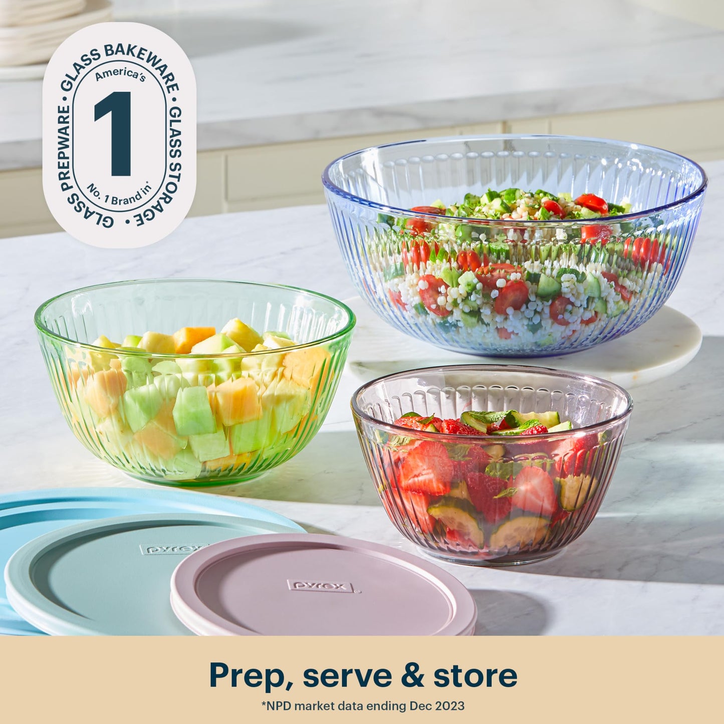 Pyrex Colors Tinted (3-Pack, Full Set) Sculpted Tinted Glass Mixing Bowls With Lids, Nesting Space Saving Set of Bowls For Prepping and Baking, 1.3QT, 2.3QT & 4.5Q, Blue