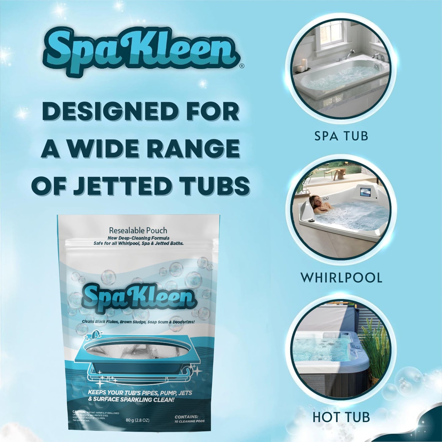 SpaKleen Jetted Tub Cleaner – Unscented, Septic Safe Powder for Whirlpool & Jacuzzi | 10 Cleanings Per Pouch | Fast 15-Minute Action | Removes Sludge, Soap Scum & Black Flakes | Made in USA
