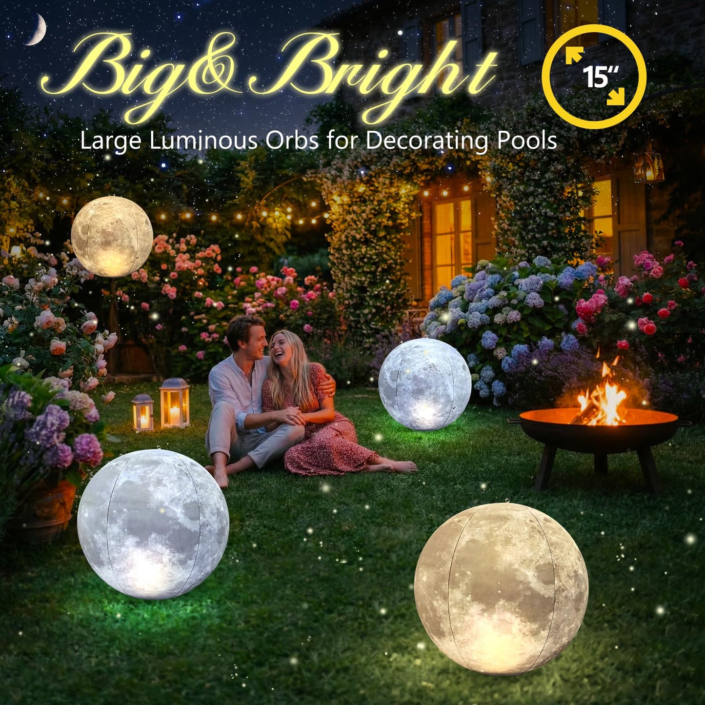 Cootway Full Moon Floating Pool Lights - 15" Inflatable Waterproof Solar Pool Lights that Float, Cool White&Warm White Light Up Pools Balls, Float or Hang in Pond Backyard Garden Party Decorations(2)