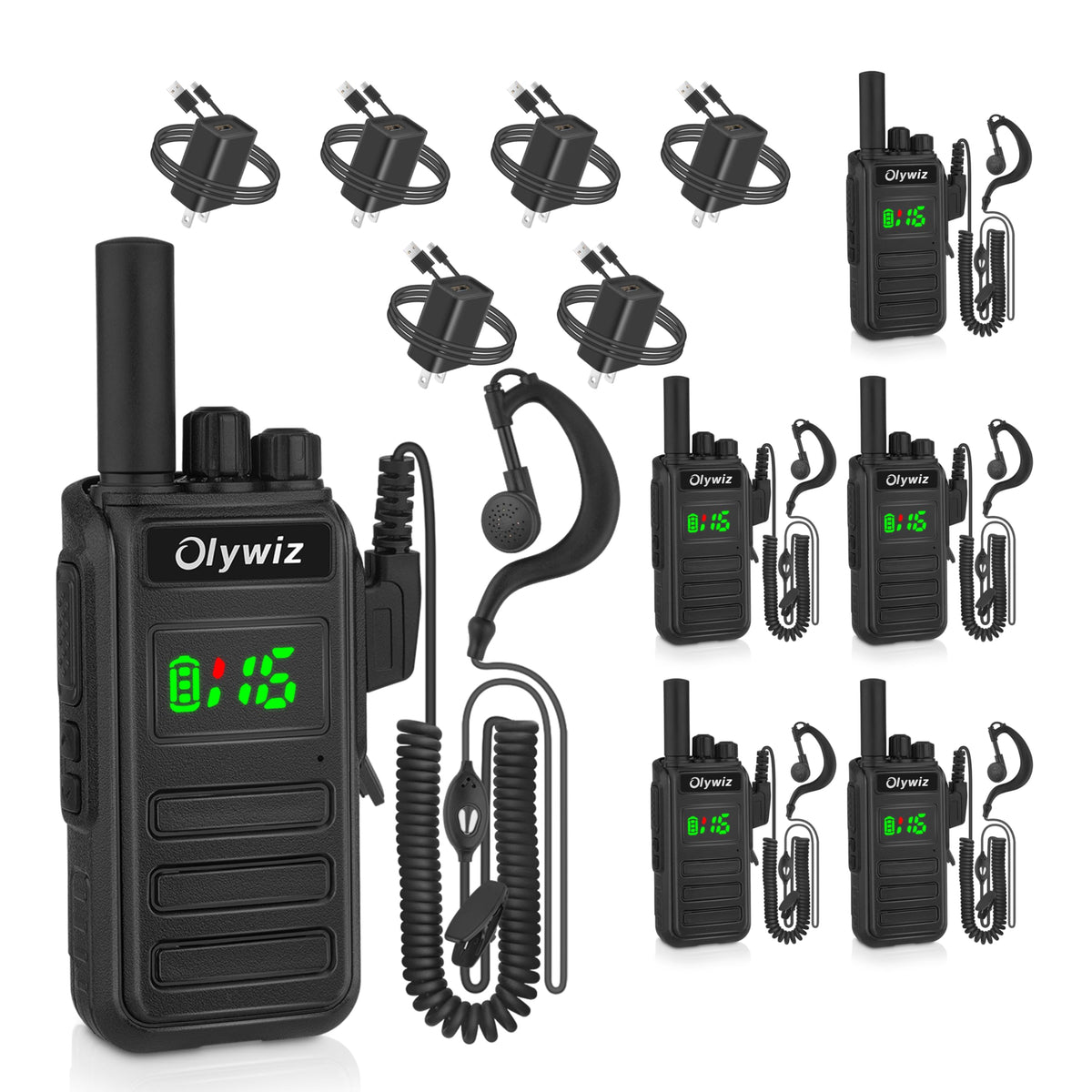 Olywiz Adult Walkie Talkies Long Range - 2 Watt Walkie Talkies Rechargeable - 6 Pack 16 Channel Two Way Radio with 2500 mAh Li-on Battery VOX GMRS USB-C for Business Commercial Work School
