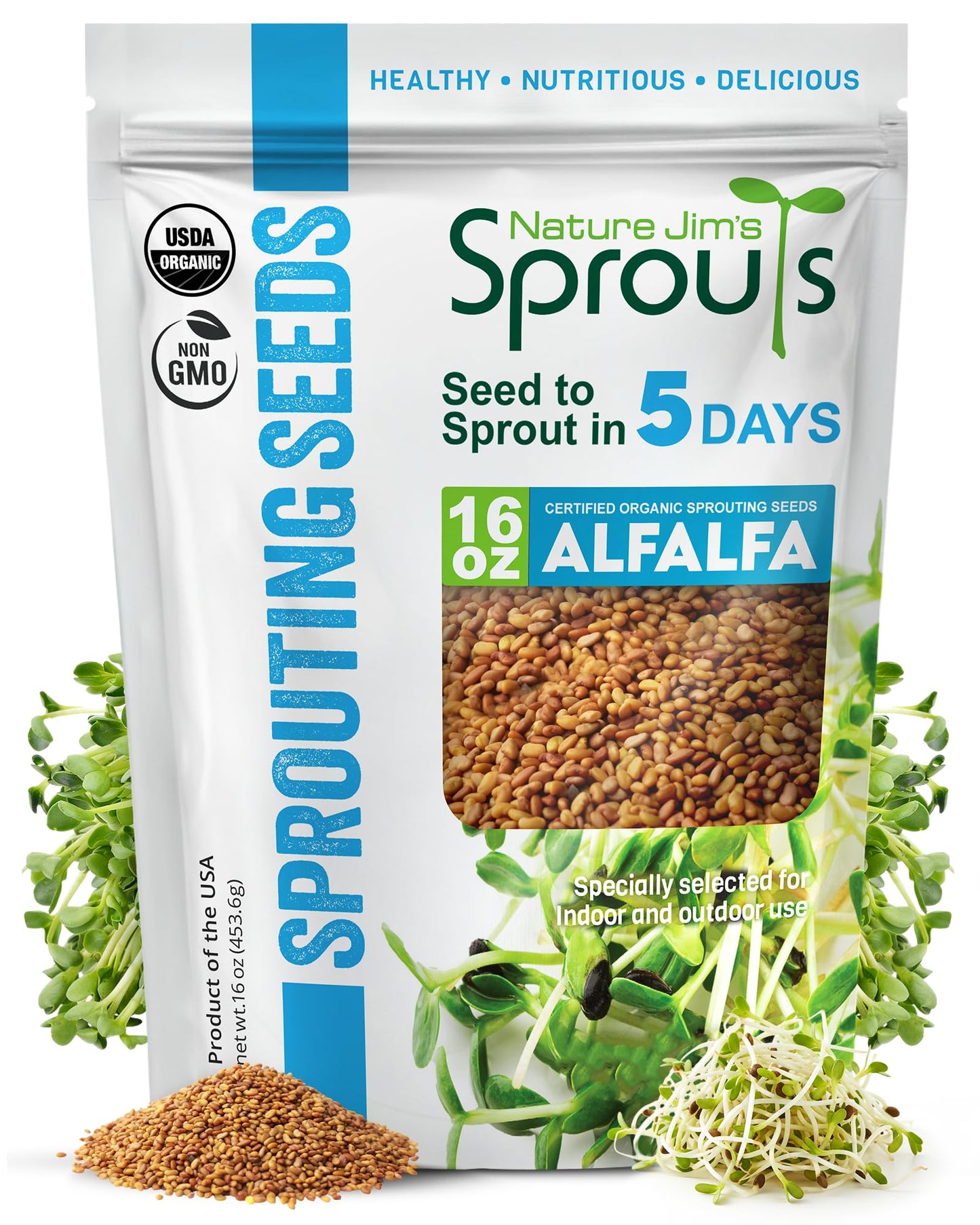 Nature Jims Sprouts Alfalfa Seeds â Non-GMO Organic Sprout for Growing & Planting â Premium Resealable Bag for Fresh Homegrown Sprouting Seeds â Rich in Nutrients, Vitamins, Fiber & Minerals â 16oz