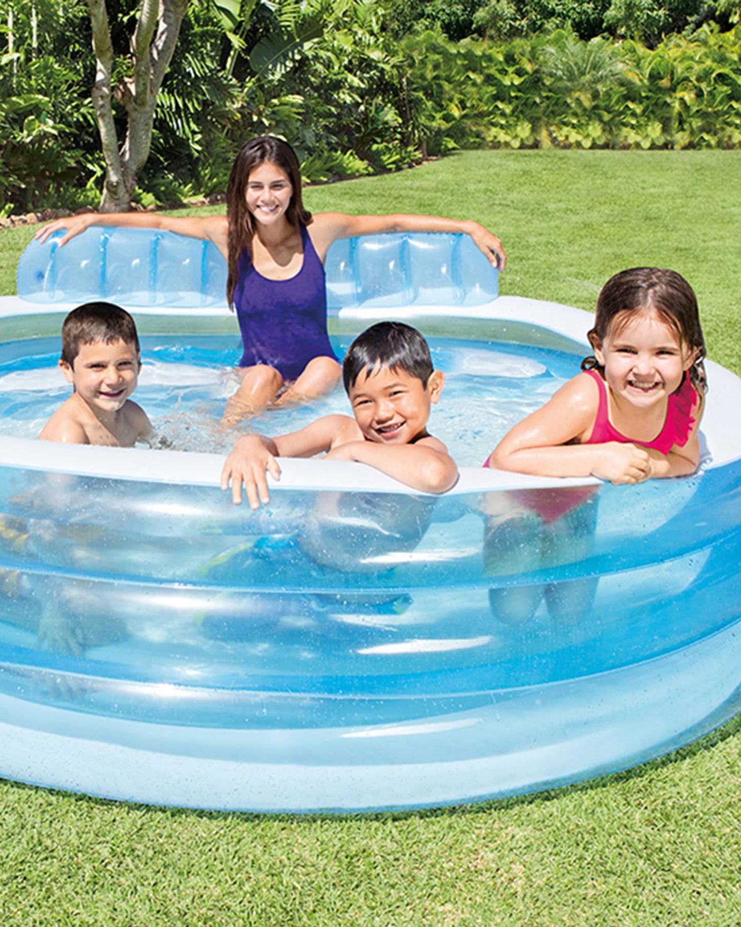 INTEX Swim Center Inflatable Family Lounge Pool: Built-In Bench – Cup Holder – 156 Gallon Capacity – 90" x 86" x 31" – Blue