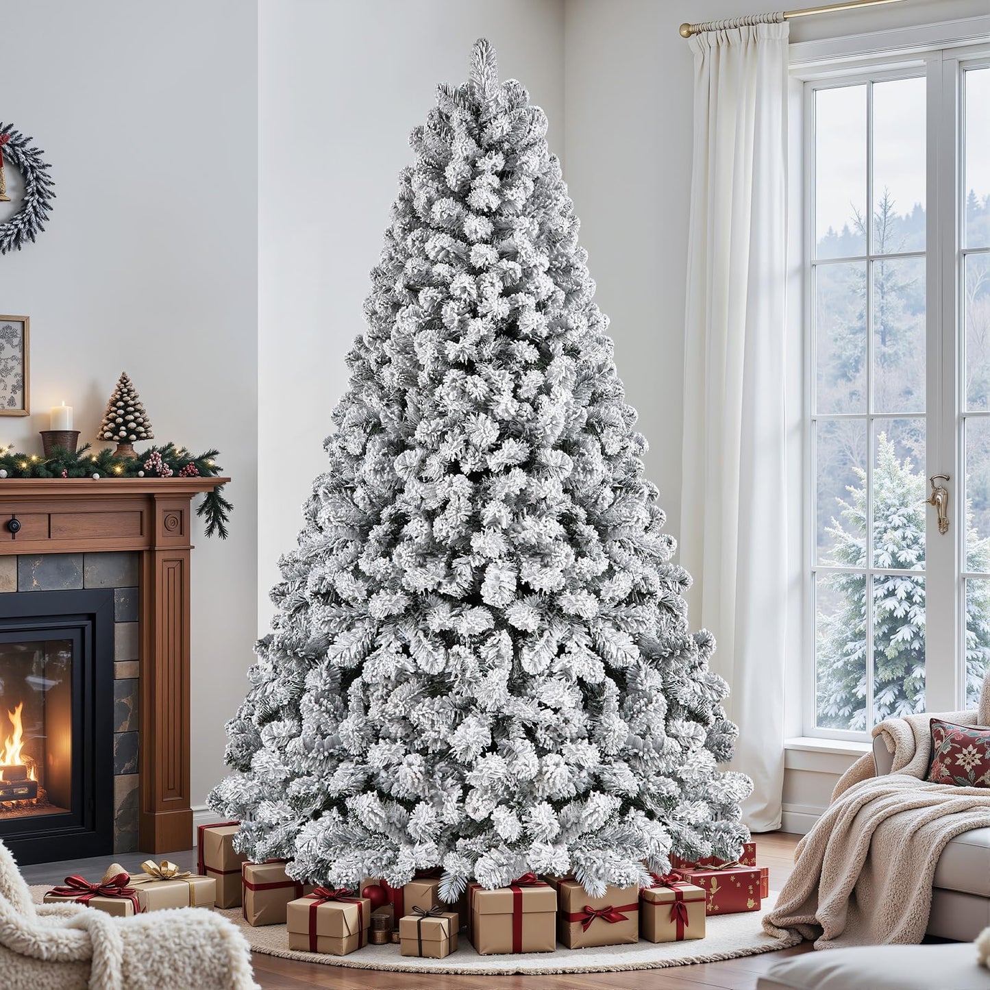 SHareconn 7.5ft Prelit Snow Flocked Spruce Artificial Christmas Tree with 350 Incandescent Warm White Lights, Foldable Stand, Snow Flocked Full Prelighted Xmas Tree W/1170 Branch Tips, 7.5 FT, White