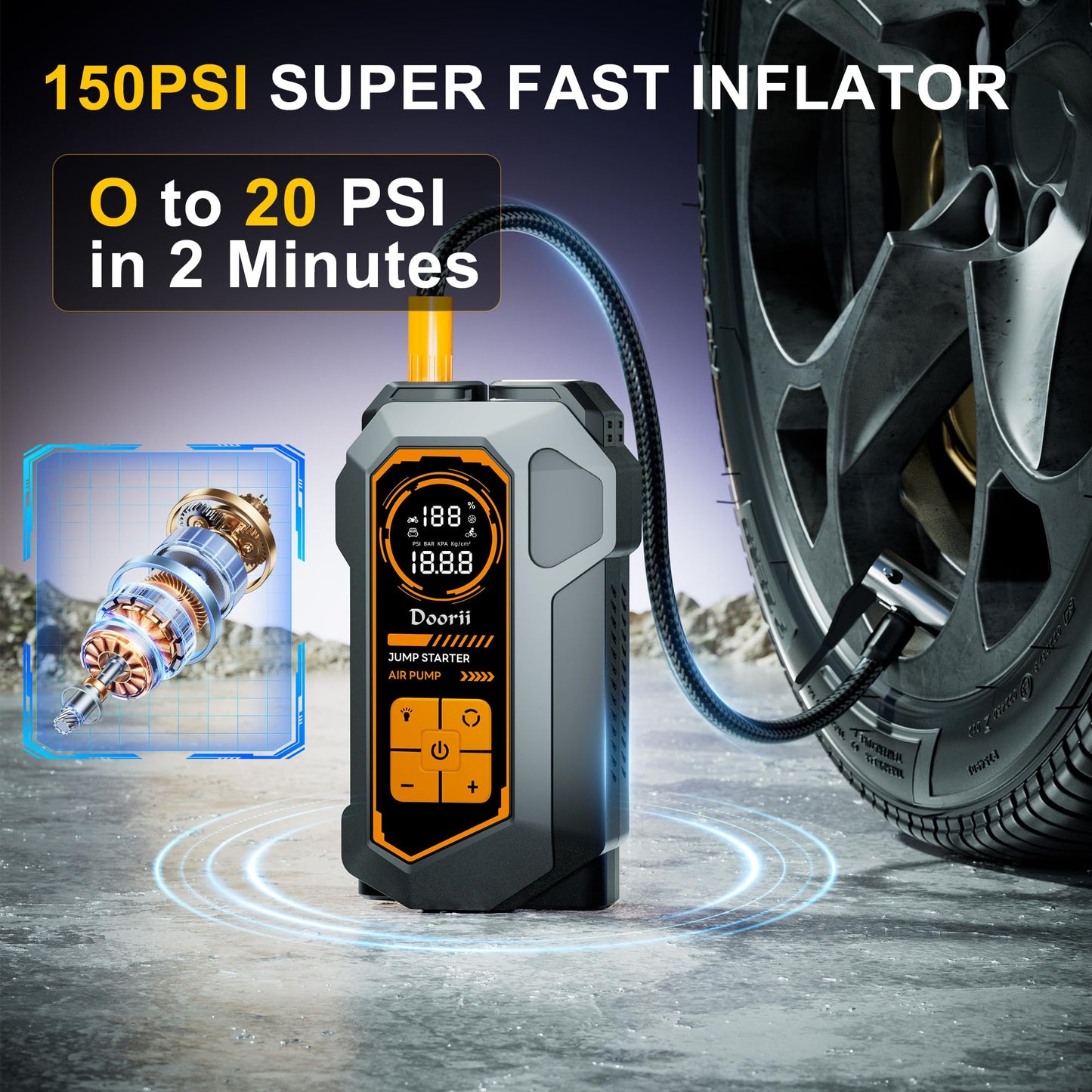 Doorii Jump Starter with Air Compressor, Car Jumper Starter Portable 6000A, 150PSI Tire Inflator/Air Pump, LED Flashlight for Up to 10.0L Gas / 8.0L Diesel Engines