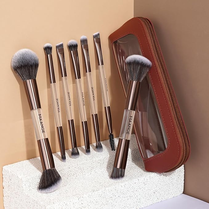 MAANGE 7 PCS Foundation Makeup Brush Set With Bag, Make up Brushes, Eyeshadow Concealer Brush, Double-ended Foundation Contour Powder Blush, Professional Face brush Set Tools For Liquid,Cream (Gray)