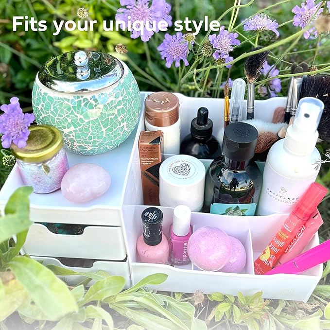 Uncluttered Designs Large Makeup Organizer for Vanity - Countertop Desk With Drawers for Cosmetic, Beauty, Hair, Nail, Perfume & Skincare - Perfect for Bathroom & Bedroom Storage (White)