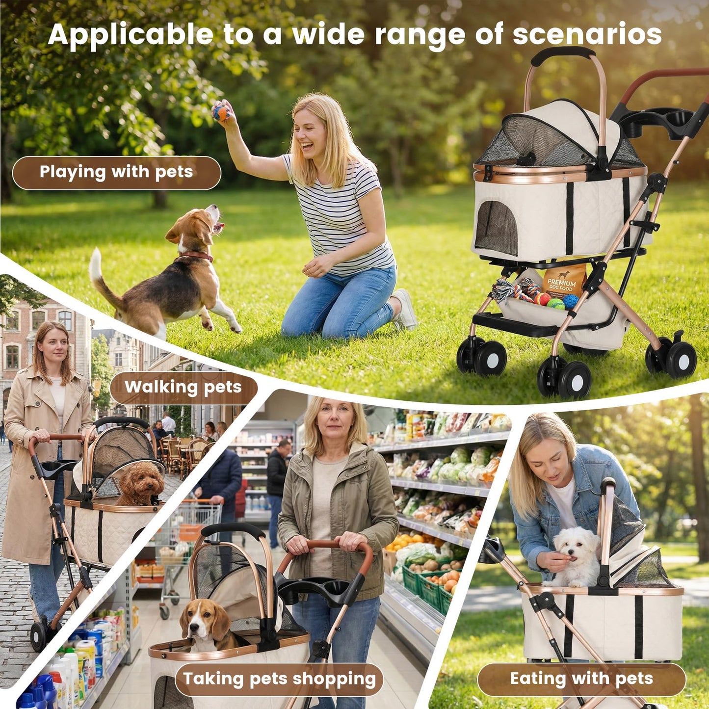 Gereat Dog Stroller for Small & Medium Dogs & Cats, Foldable Pet Stroller Wagon Carries Up to 44 lbs, Dog Wagon with Storage Basket and Cup Holders, Plus a Removable Portable Pet Carrier