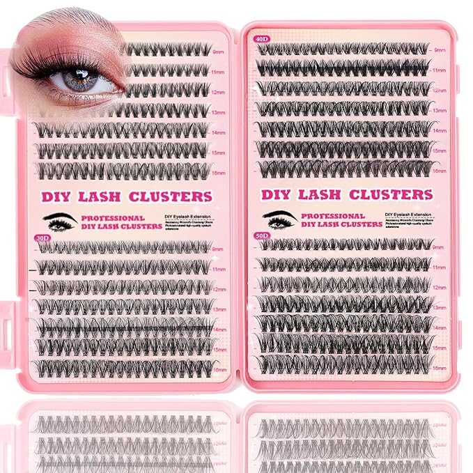 Lash Clusters Kit, 560 Pcs Eyelashes Clusters Kit 9-16mm Individual Lash Extension Kit D Curl Fluffy Wispy False Eyelashes (20D+30D+40D+50D, Lash Clusters)