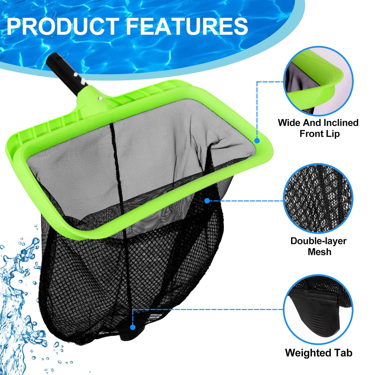 Sepetrel Swimming Pool Leaf Skimmer Net,Double-Layer & Reinforced Frame Deep Rake Nets