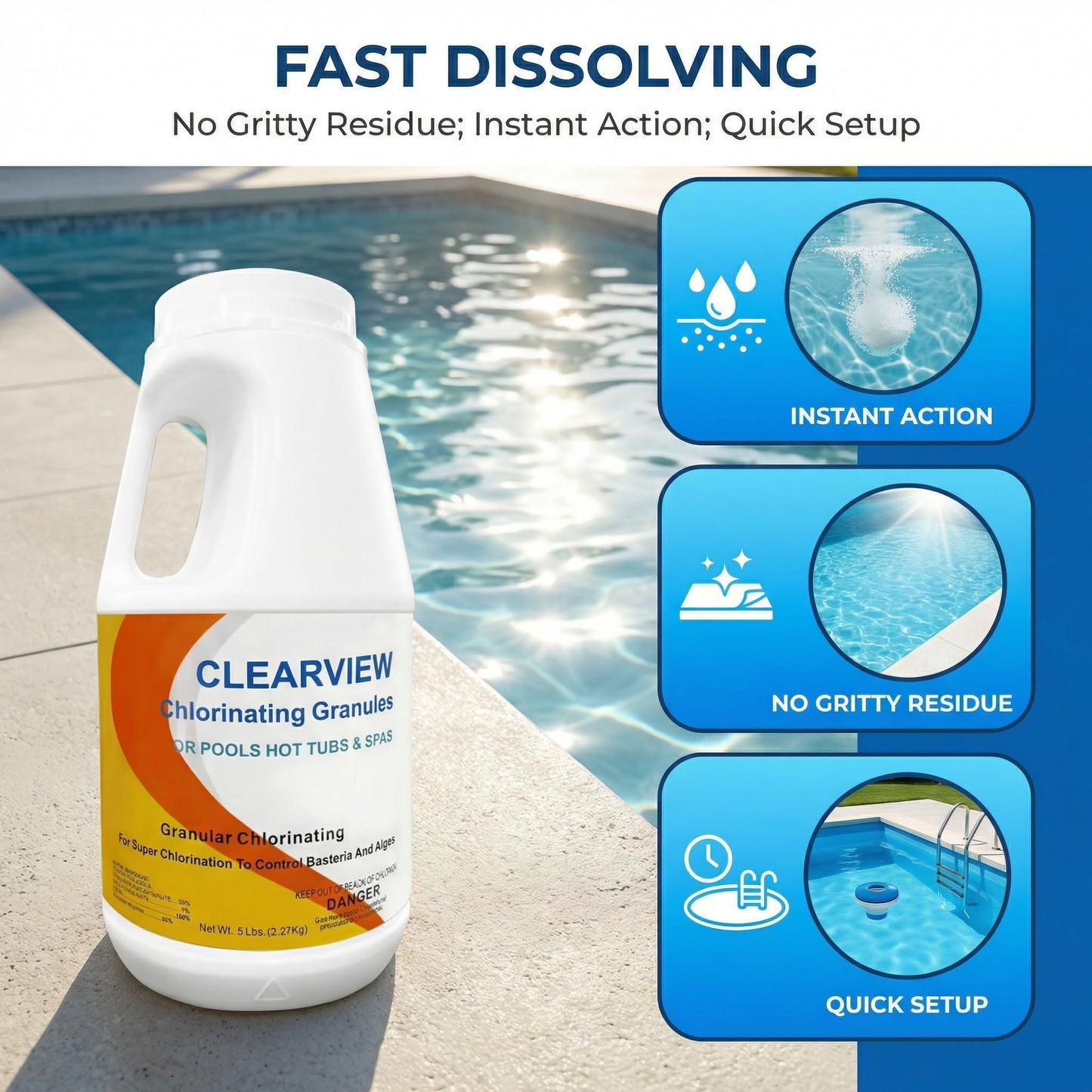 ClearView Chlorine Granules 5 Lbs for Swimming Pools, Pool Chlorine Shock Granular Sanitizer for Spas, Fast Dissolving Chlorinating Granules for Hot Tubs