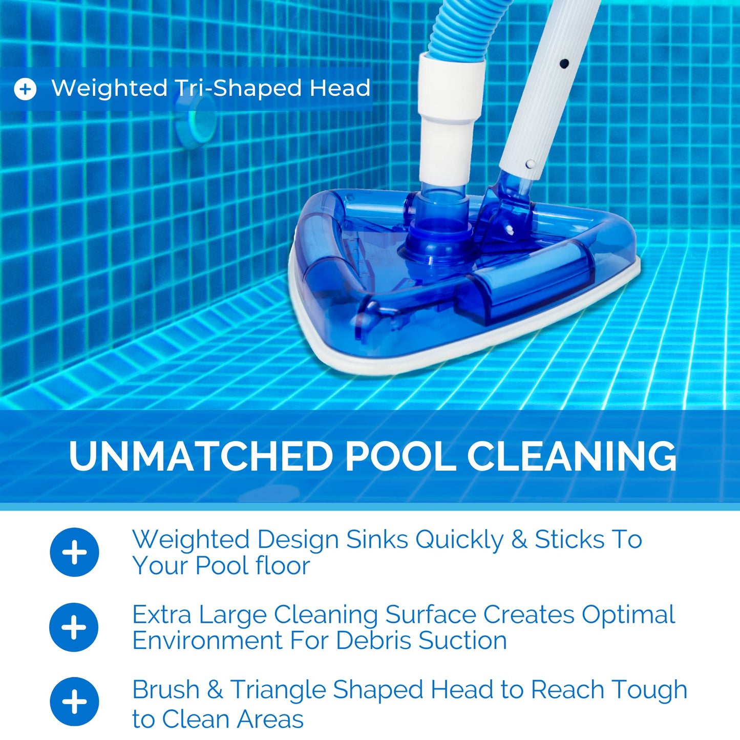 SWIMLINE HYDROTOOLS Manual Pool Vacuum Head Attachment For Inground & Above Ground Pools |Weighted Swimming Pool Vac Head Clear Triangle Shape W/ Bristles| Swivel Hose 1-1/4 or 1-1/2’’| 8145