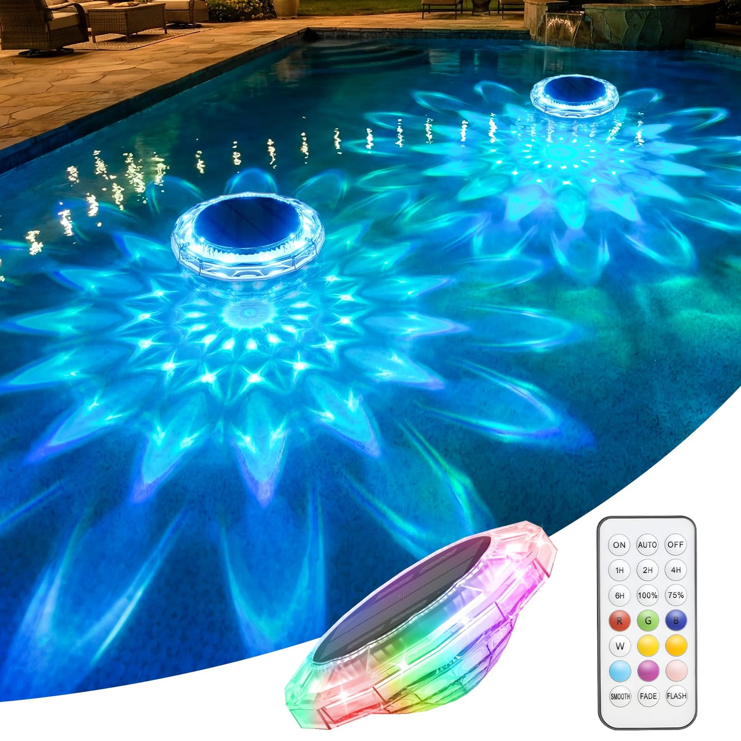 APONUO Solar Pool Lights, IP68 Waterproof Floating Pool Lights with Remote& Button Control, 9 Lighting Colors& 3 Modes Pool Solar Light, Timer& Memory, Floating Light for Pool, Party, Bathtub (1 Pack)