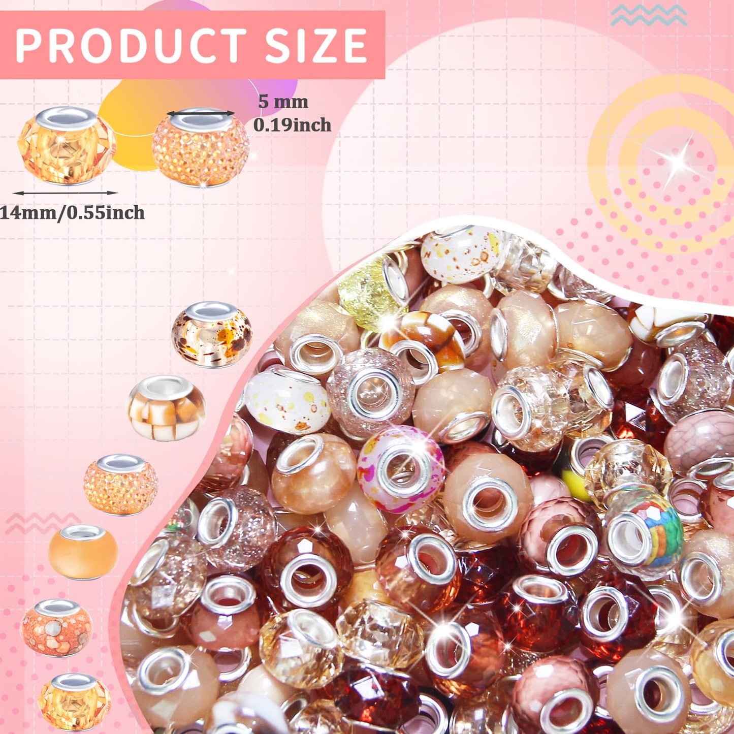 200 Pieces Large Hole Beads Spacer Bead Champagne Assorted European Craft Big Beads Large Hole Lampwork Murano Fairy Wand Garden Bead for DIY Pens Bracelet Necklace Keychain Jewelry Making Supplies