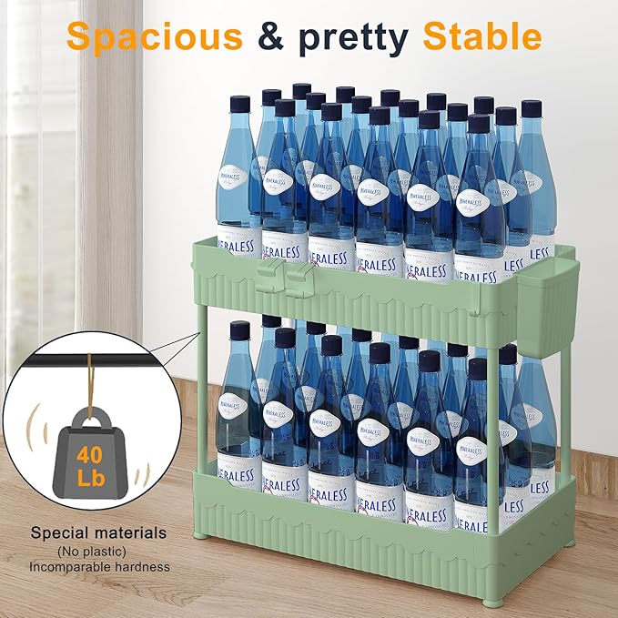 Sevenblue 2 Pack Under Sink Organizer, Under Bathroom Cabinet Organizer with Hooks Hanging Cup, Multi-Purpose Storage Shelf for Kitchen Bathroom (Green, 12.8 Inch)