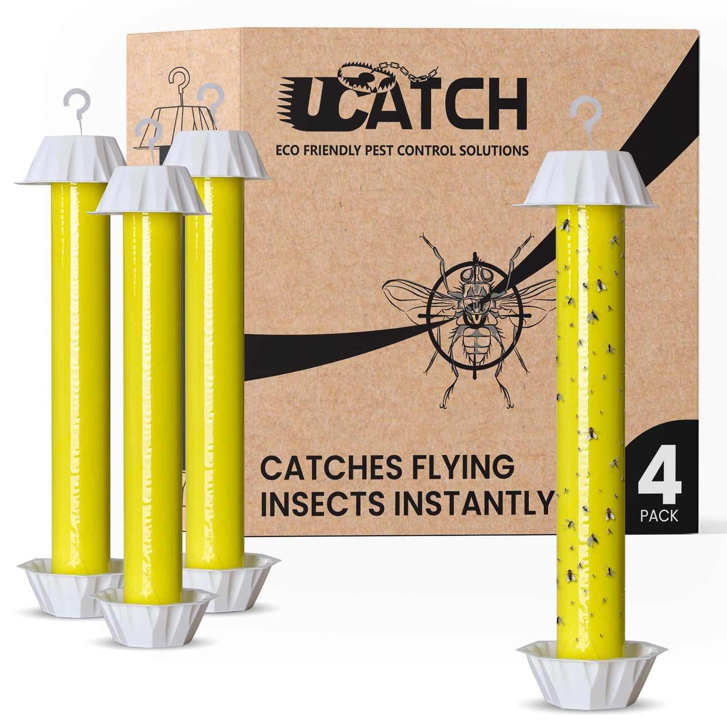 Sticky Fly Trap Indoor & Outdoor Pack of 4 | Hanging Fly Stick for Gnats, Flies, Wasps, Mosquitoes & Other Flying Bugs | Fly Trap Sticky | Home Pest Control | Flying Insect Trap Rolls | Ucatch