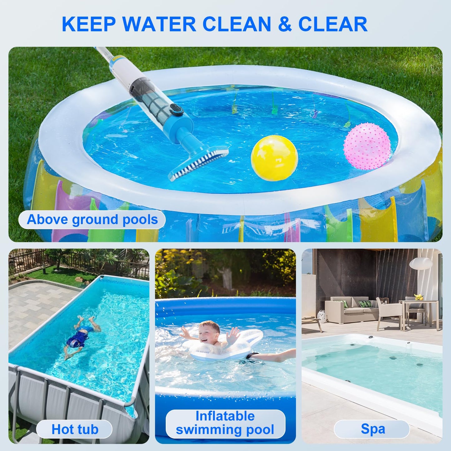 4 in 1 Cordless Rechargeable Small Pool Vacuum spa hot tub 90 Mins Running Time, 12 Gallons/Min Powerful Suction 2026 new (White Cyan)