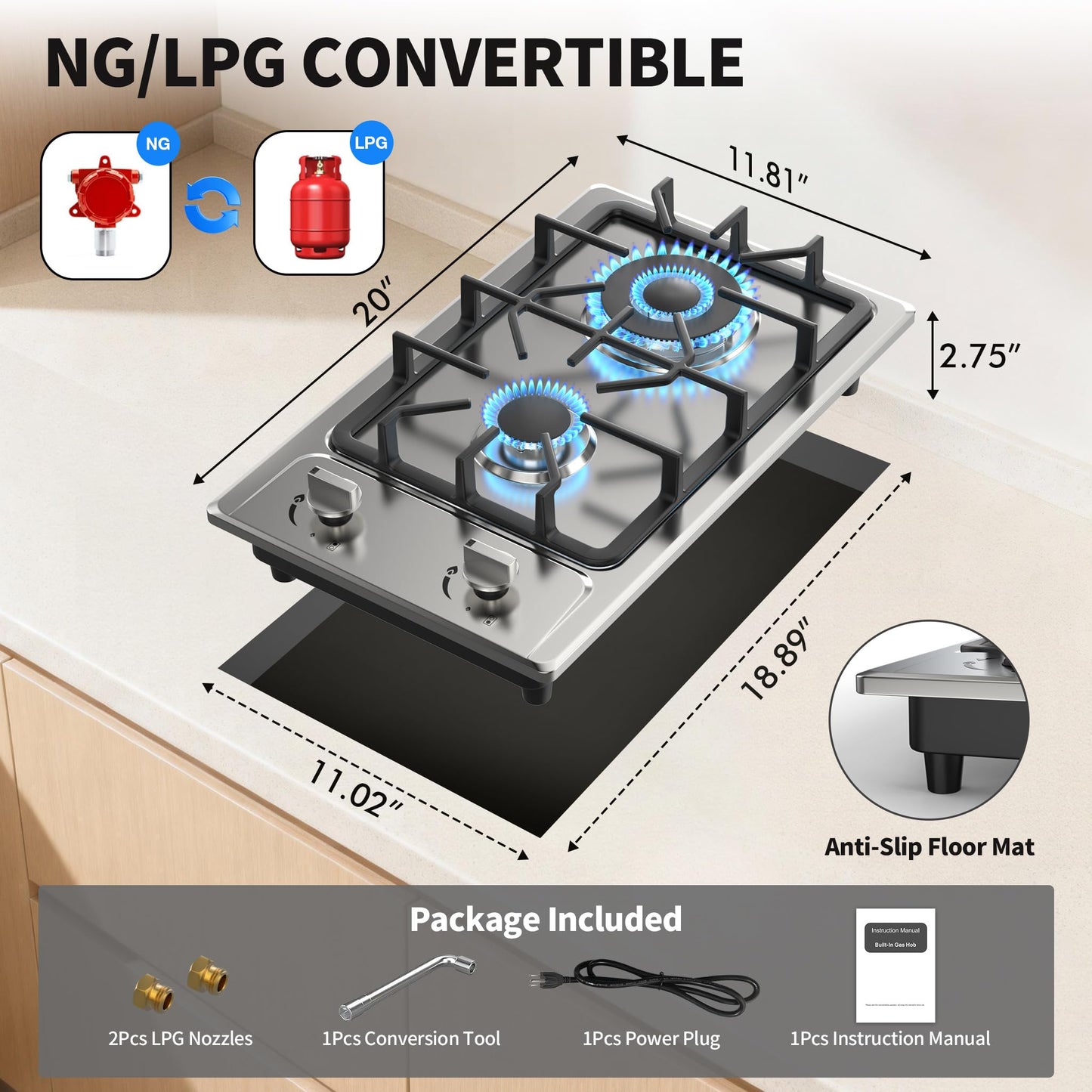 Gas Stove 2 Burner, Propane Cooktop 12 inch, Nafewin Portable Gas Cooktop Stainless Steel Stove Burner with Thermocouple Protection, Lpg/Ng Dual Fuel Built-in Hob for Apartments, Outdoor, Rvs