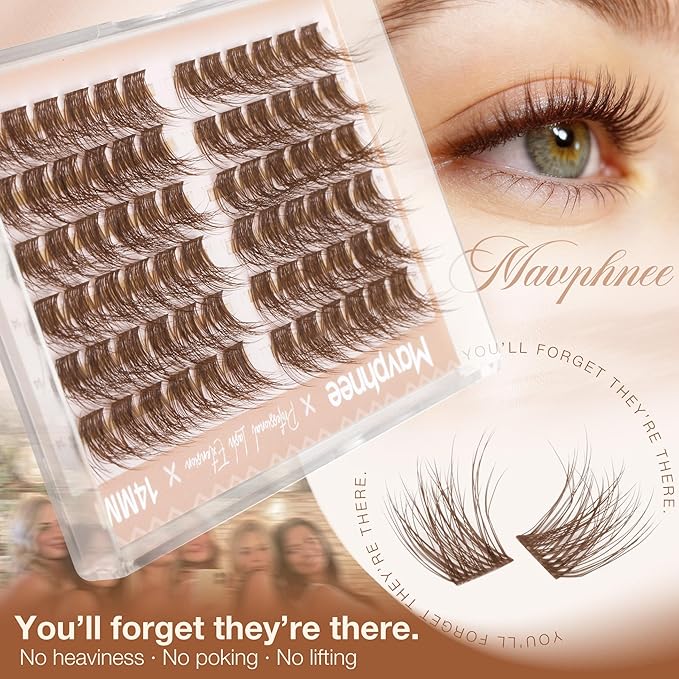 14MM Lash Clusters Brown Cluster Eyelash Extensions Natural Fluffy Individual Lashes C Curl Clear Band Cluster Lashes Reusable Wispy Dark Brown Lash Extensions For Full Glam