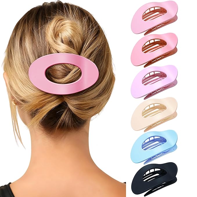 Mesovor 6 Pack Flat Hair Claw Clips, 4.33" Nonslip Large Round Lay Flat Hair Clips | Strong Hold French Flat Hairclips for Lying Down, Yoga, Driving (Candy Colored)