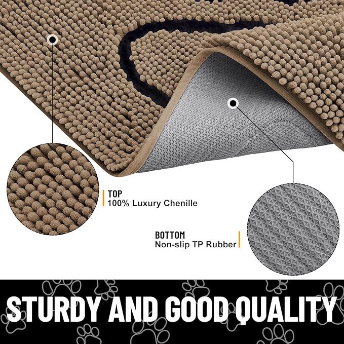 Smiry Dog Door Mat for Muddy Paws, Absorbent Dirt Trapper Non Slip Quick Dry Washable Chenille Mat for Mud Dogs, Entry Rug for Indoor and Outdoor (47x32 Inches, Camel and Black)